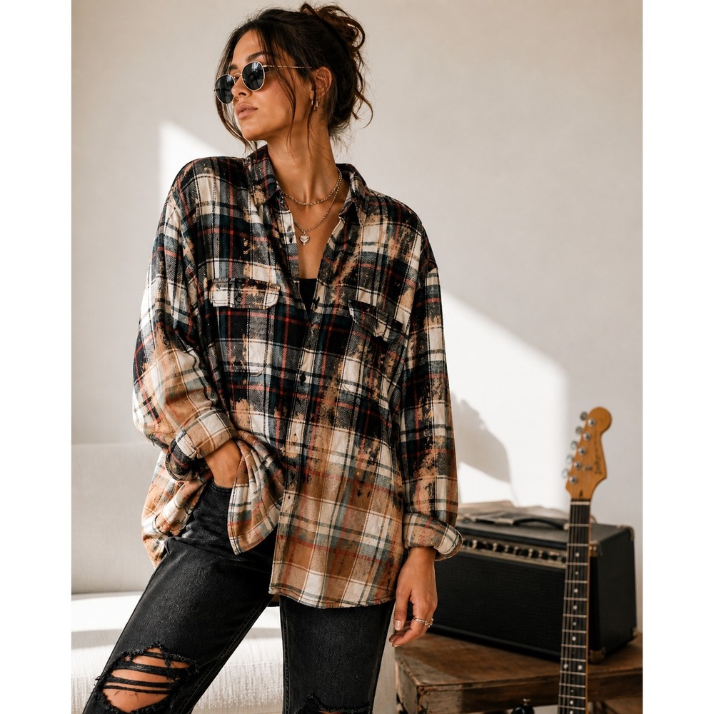 Oversized Bleached Plaid Flannel Shirt XL Distressed Button Up Grunge Shacket